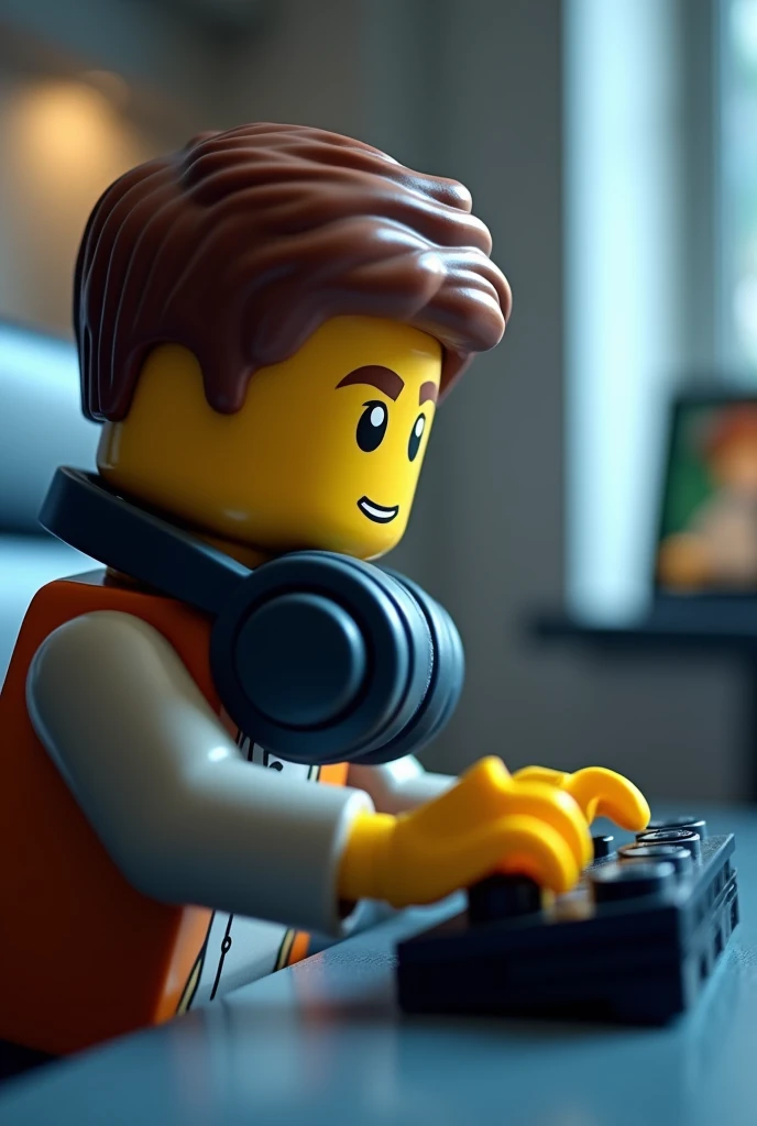 Make a lego of a handsome boy gaming put some headset in his neck and long-sleeved 