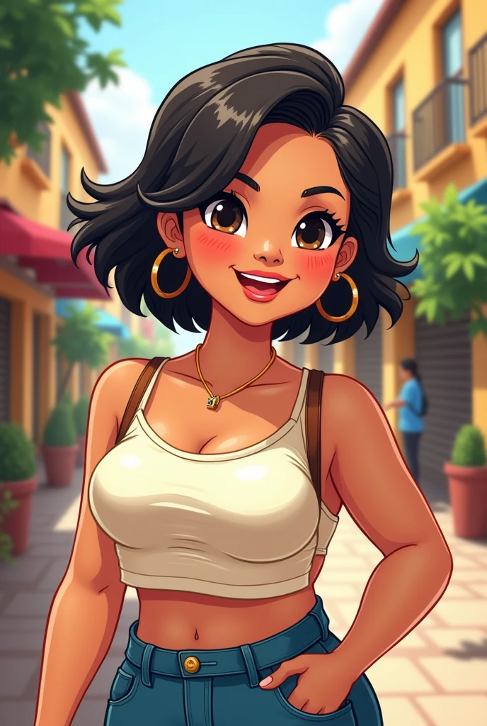 Can you generate a cartoon characters woman and make her chubby, short hair,and her skin is darker tan and she look like a Filipina