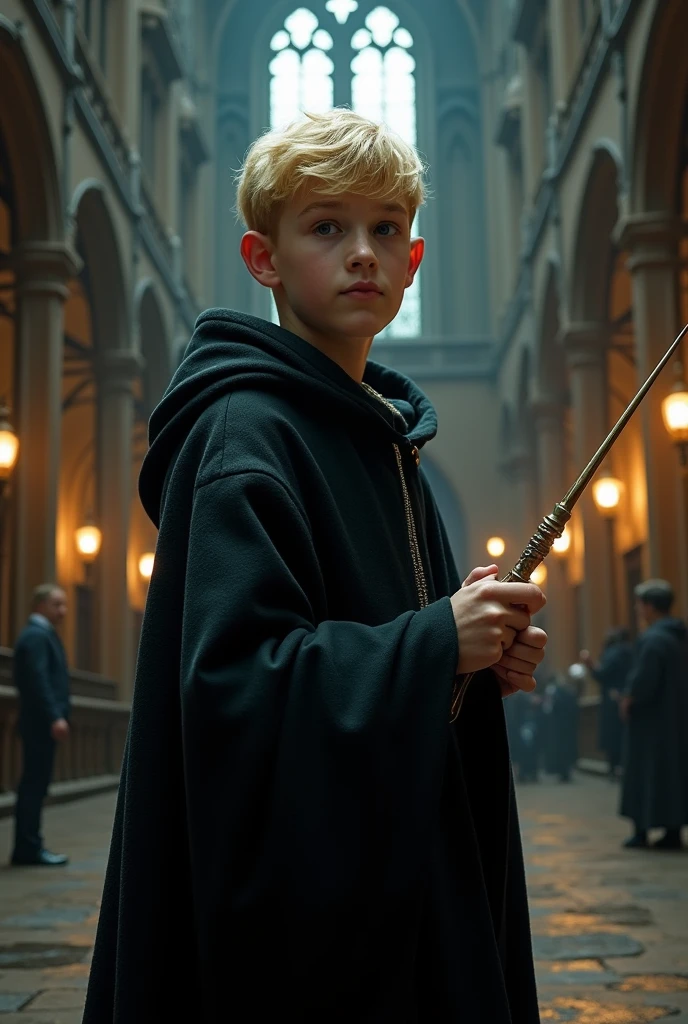 A  boy with blonde hair wearing a black cloak holding a slender wand with a diameter of 1 cm and length of 8 inches at Hogwarts.