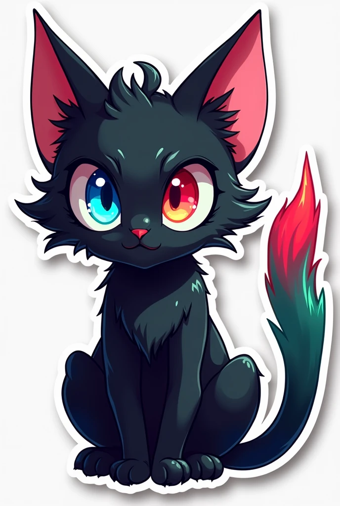   Devil Hot Black cat with bluered eyes and crimson red and green tail and pink ear cartoon anime sticker 