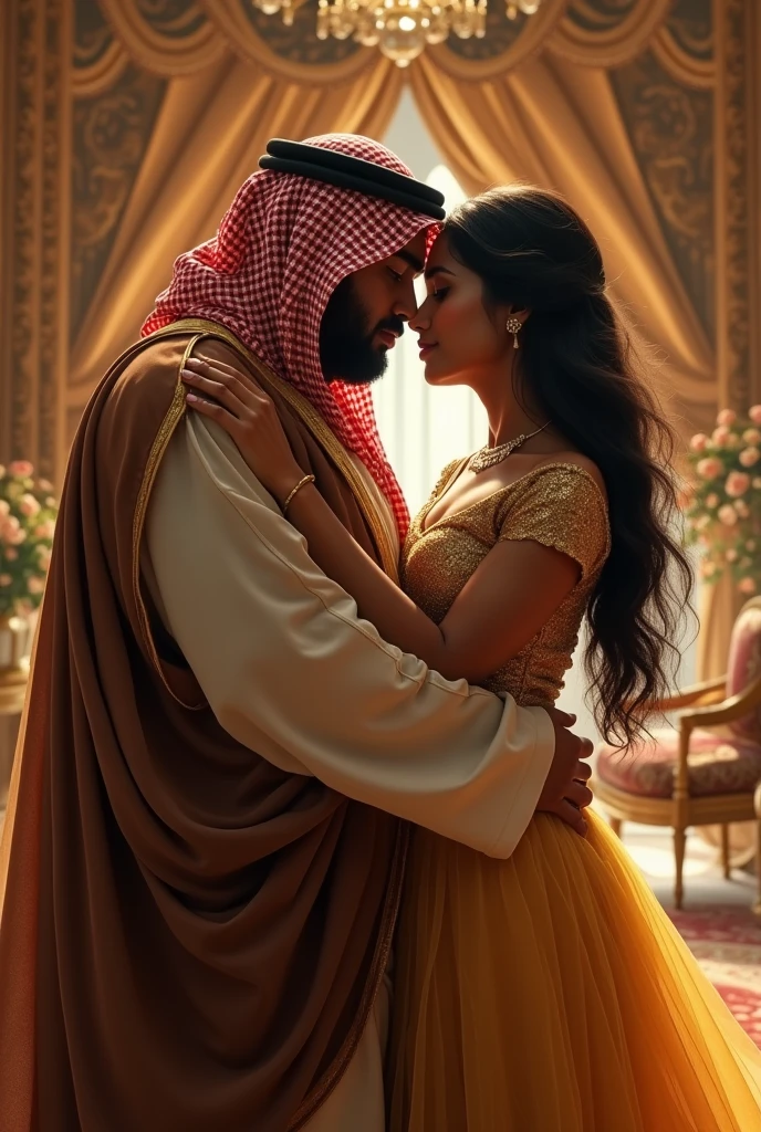 Create an image of an indian girl whose 1 called Saranya wearing gold gown whose hugging Mohammed bin Salman whose  fat, the prince of Saudi Arabia. They both in love