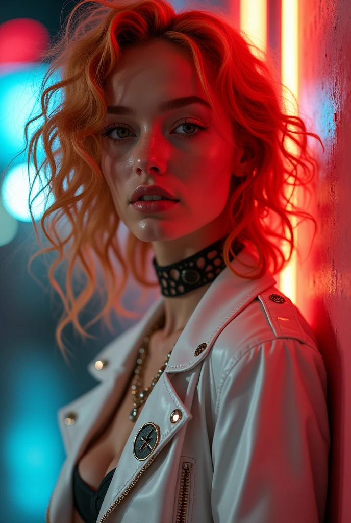 ((Masterpiece)), ((highest resolution)),  Render a full-body portrait of a beautiful woman, ((detailed skin texture)), ((high detail face)), pale skin, ginger curly hair, seductive smile, (vivid high detail illuminating her white punk rock outfit), (realistic photo), (best quality), (very high detail), shot on a Canon EOS R5, 50mm lens, F/2.8, HDR, (8k), (wallpaper), (cinematic lighting), (dramatic lighting), (sharp focus), (intricate details), RAW photo, posing for camera, 8k uhd, high quality, film grain