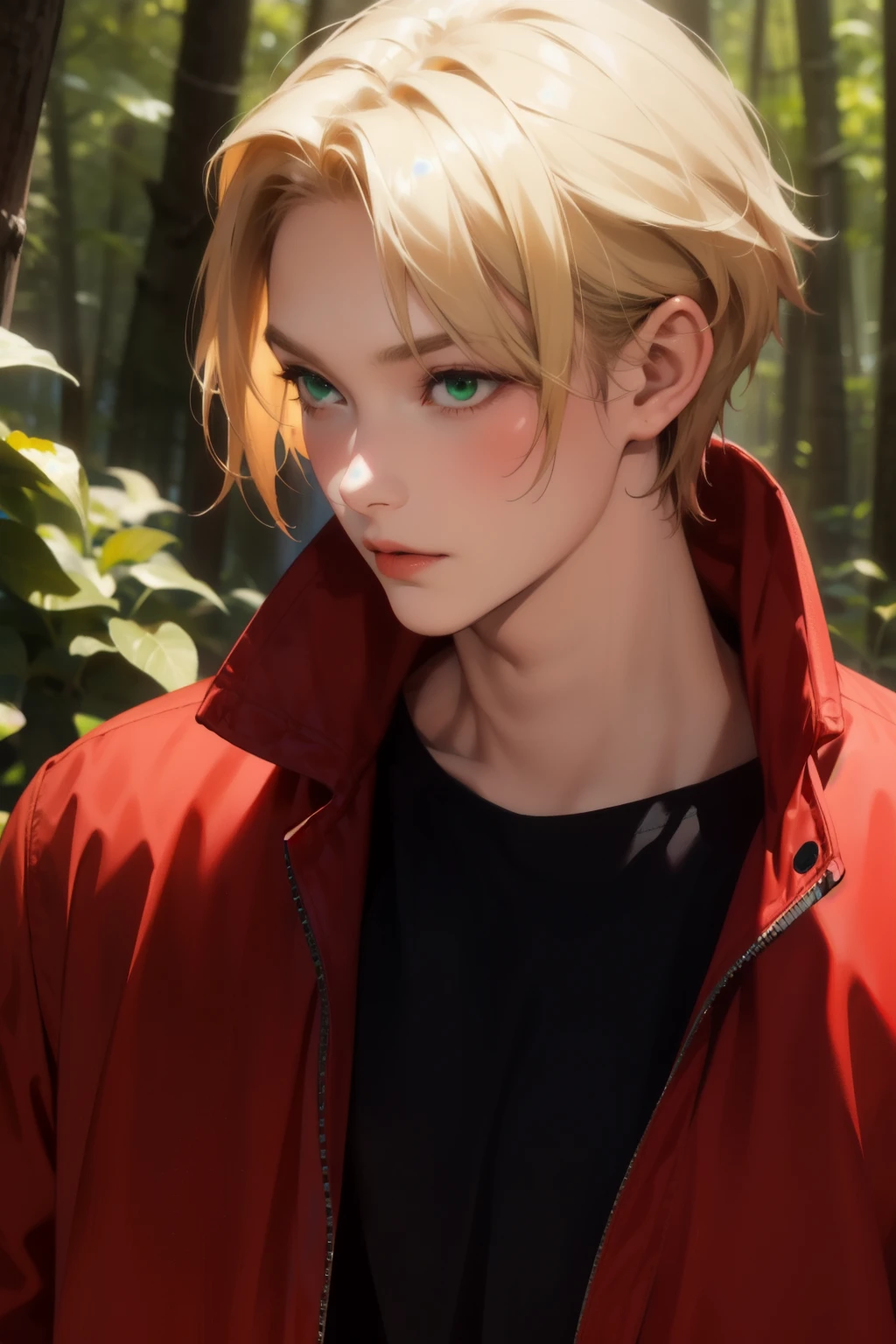 1boy, solo,, male focus, michael_synduality_noir, blonde hair, green eyes, , plain black t-shirt,,red jacket,, alternate history,Walking in the forest,close up photo