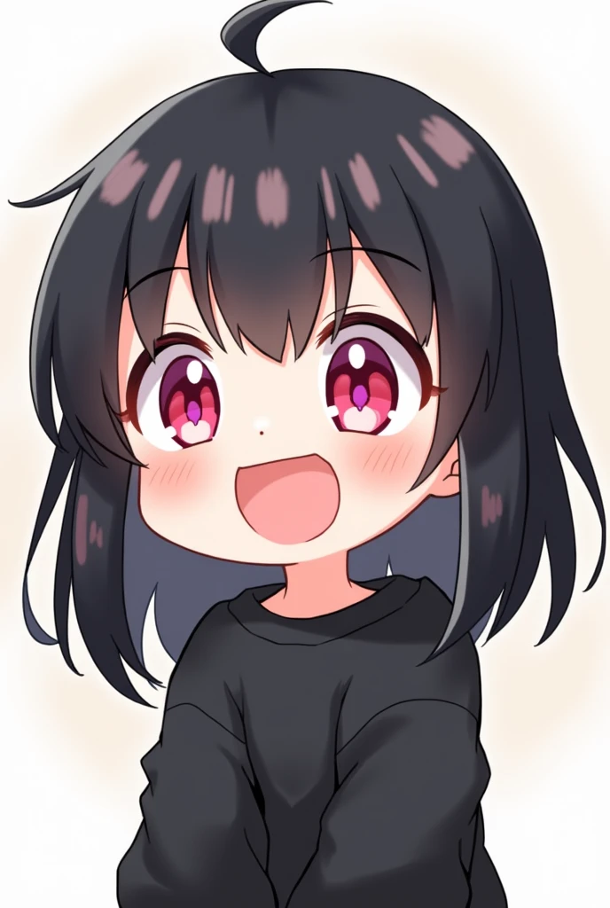 cute character with medium black hair and bangs, white skin and black sweatshirt and pink eyes, chibi style, laughing exaggeratedly