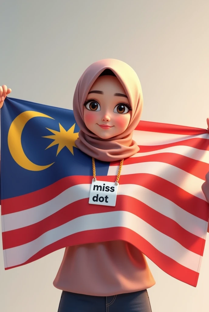 Cute hijab girl holding malaysian flag with nametag Miss Dot