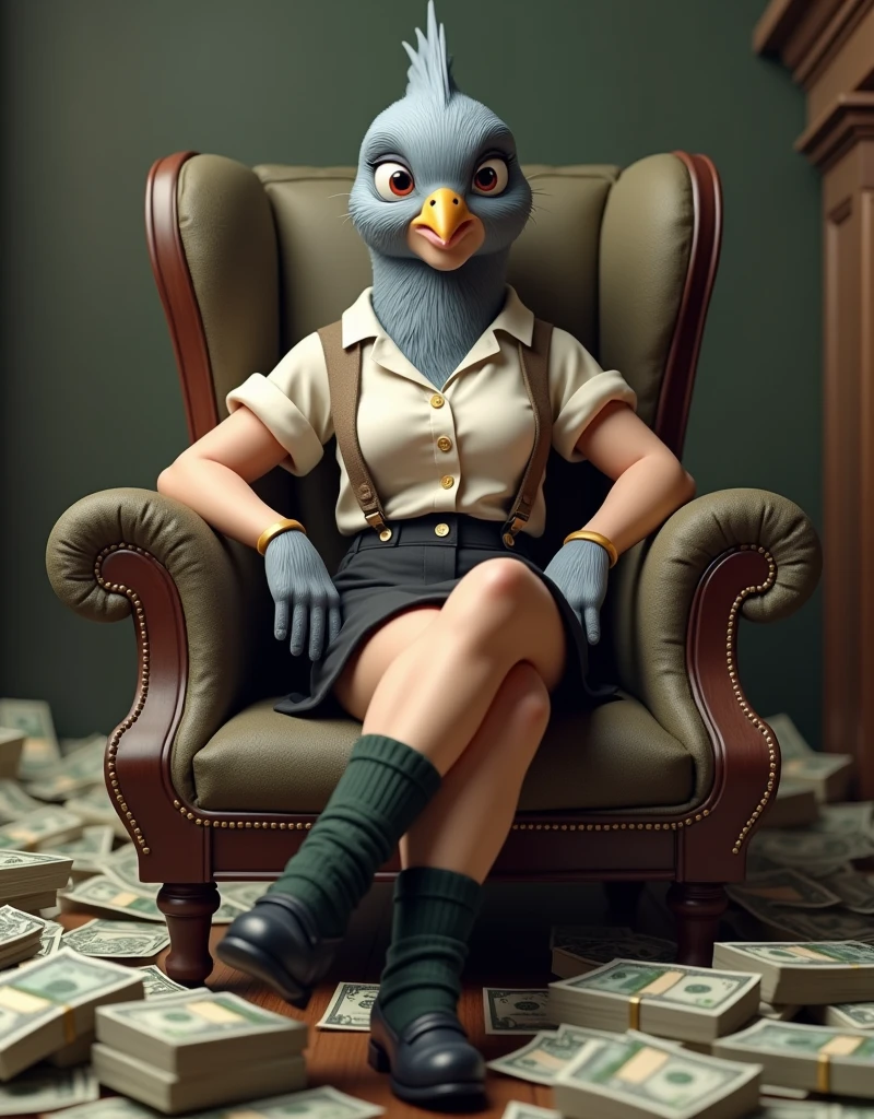 ((Highest quality)), ((masterpiece)), (photograph), (front), (Short sleeve),(Crossing one's limbs),A grey female pigeon with a big smile is wearing an off-white collared short-sleeved shirt, a light brown vest, a knee-length black skirt, dark green socks and black shoes.、She is sitting cross-legged in a plush chair with her arms spread above her head、Surrounded by a lot of money, bills flying around、A stack of bills that covered the lower half of the body、Muscular grey female pigeon、photographのようなリアルな画像。
