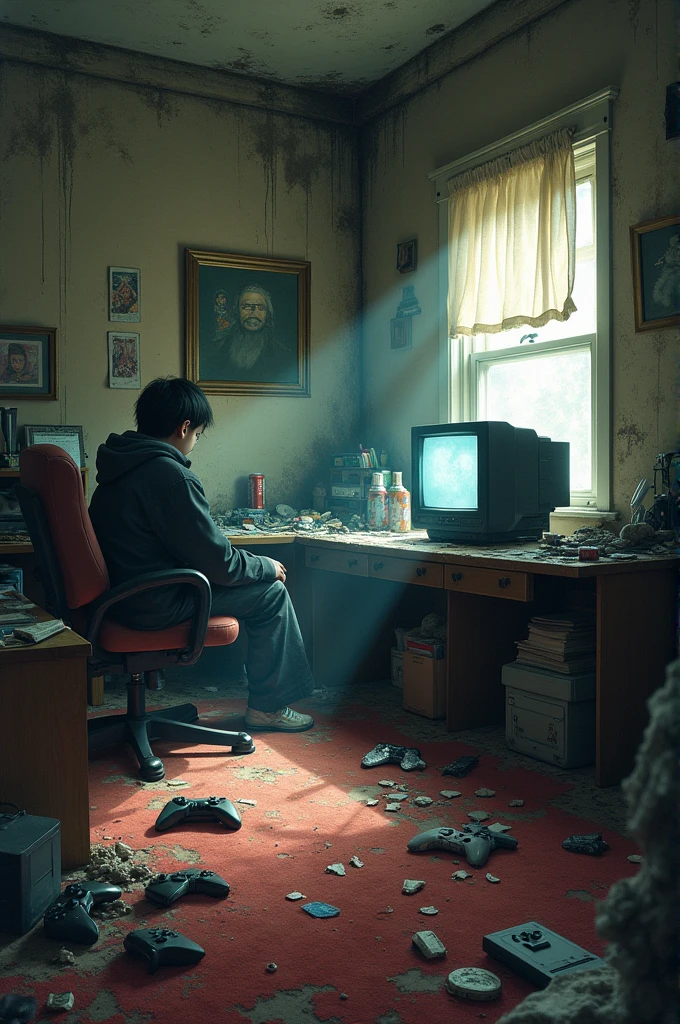A broken and mudy gaming room