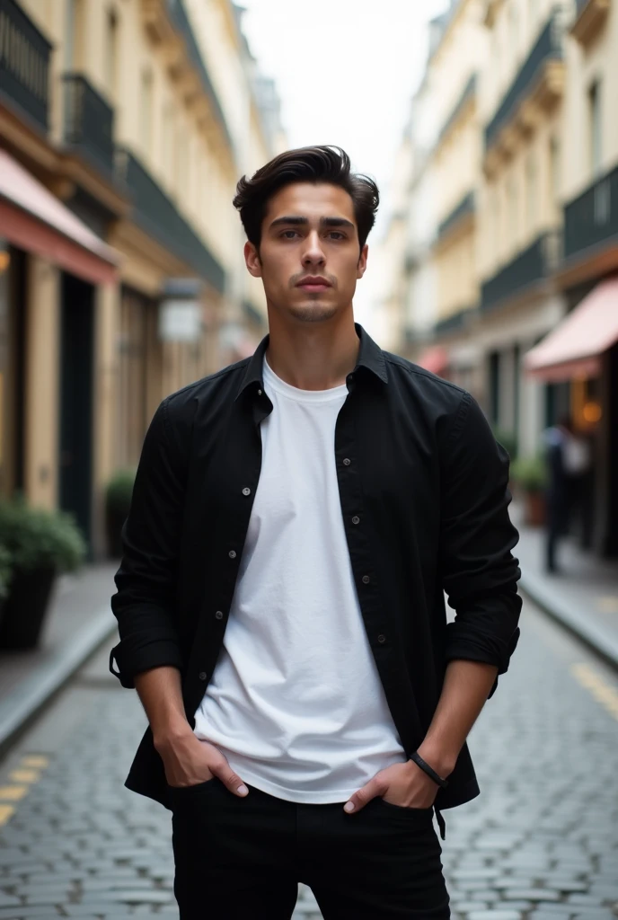 A young man with dark hair. He is dressed in a black shirt over e white t-shirt. The man standing with a calm and resigned expression.The setting includes a street in Paris, enhancing the elegant and dynamic atmosphere.In background a delicate balance of light and shadow creates an enchanting atmosophere.The model poses confidently, captured on film with sharp focus. he posing for Linkedin profile
