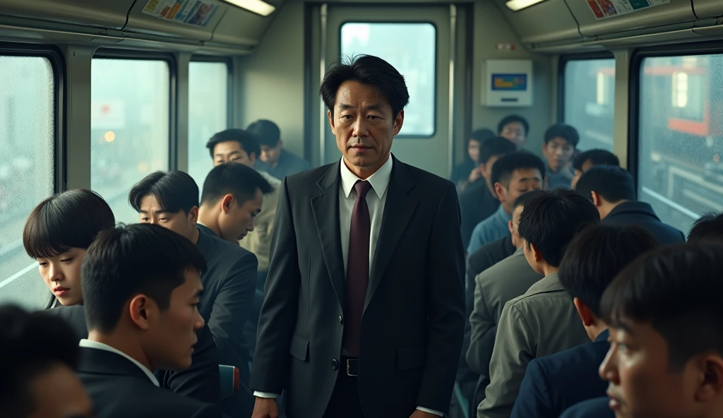 A Japanese salaryman standing in a crowded train. The scene is realistic, capturing the morning rush hour. The salaryman, dressed in a suit, is surrounded by people packed tightly in the small space. Outside the train window, an urban landscape is visible, reflecting the sense of congestion and crowding