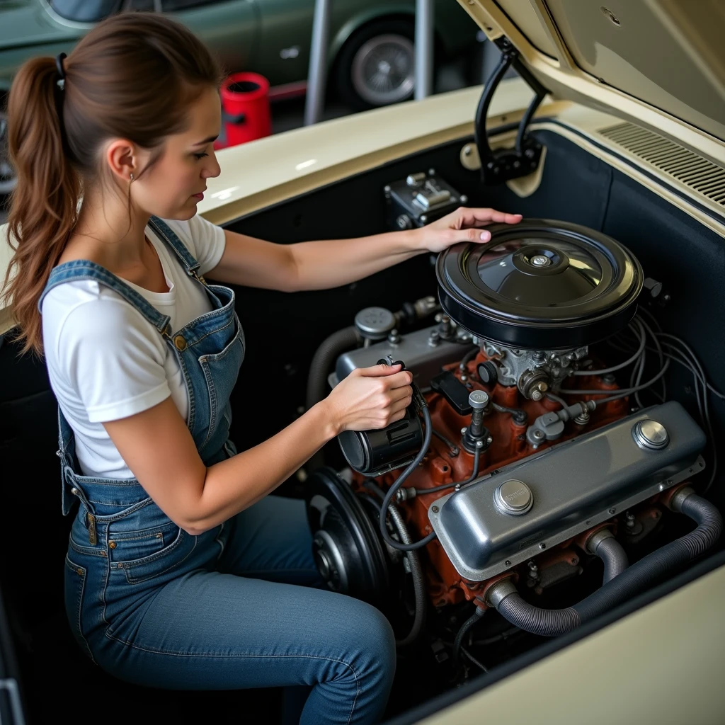 Subject: Lady operating a car engine,
Creative descriptions: delicate hands on engine parts, classic powerful engine, open bonnet,
Environment: vintage car setting with exposed engine, tools nearby,
Mood/atmosphere: focused, skilled, mechanical expertise,
Artistic medium/techniques: realistic photography showcasing car engine operation,
Artists/illustrators: Sally Belinda, Automotive Photography, Classic car enthusiasts,
Camera settings: Opt for close-up shots to highlight the details of the lady's hands operating the powerful engine of the classic car.