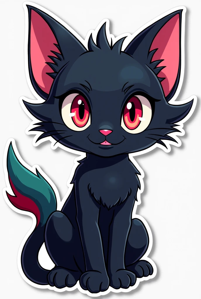 Devil Hot Black cat with bluered eyes and crimson red and green tail and pink ear cartoon anime sticker