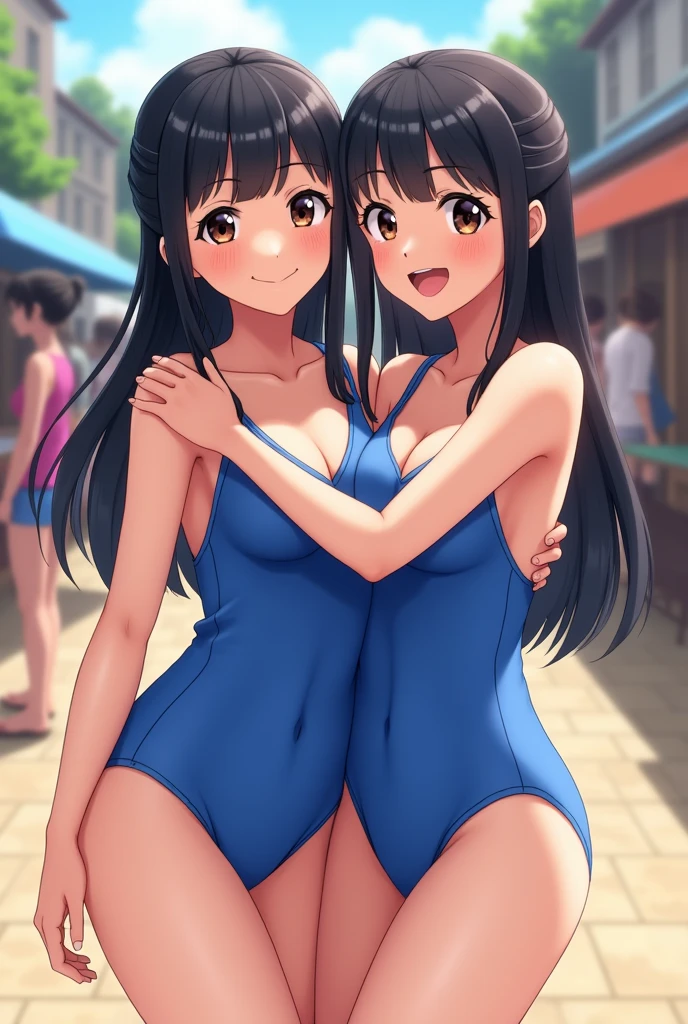 Generate an image of two young women wearing matching blue swimsuits. They should be standing close together, with one woman hugging the other from behind. The background should be an outdoor setting, like a street or a market, with blurred people and buildings in the background. Both women should have black hair, smiling warmly, and the overall mood should be friendly and joyful.