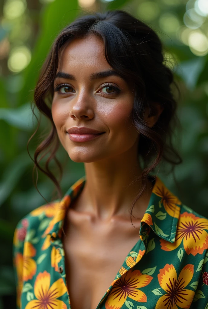 A Brazilian woman in a lush tropical garden, wearing an open shirt with a floral print, with a close-up capturing the harmonious beauty between her breasts and the natural flowers, showing off your natural charm and outgoing personality.