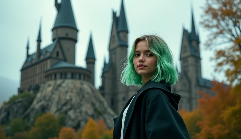 Hogwarts student girl poses for a photo in front of Hogwarts, The girl has a layered bob haircut, Green hair. 8 K)), Kim Do-yeon, 🚿🗝📝, Jinyoung Shin, 🍁 Cute, couple pose, ❤🔥🍄🌪, nostalgic 8 K, With a bang, Bae Suzy, ✨🕌🌙, 4k post, 4k post, Oljan