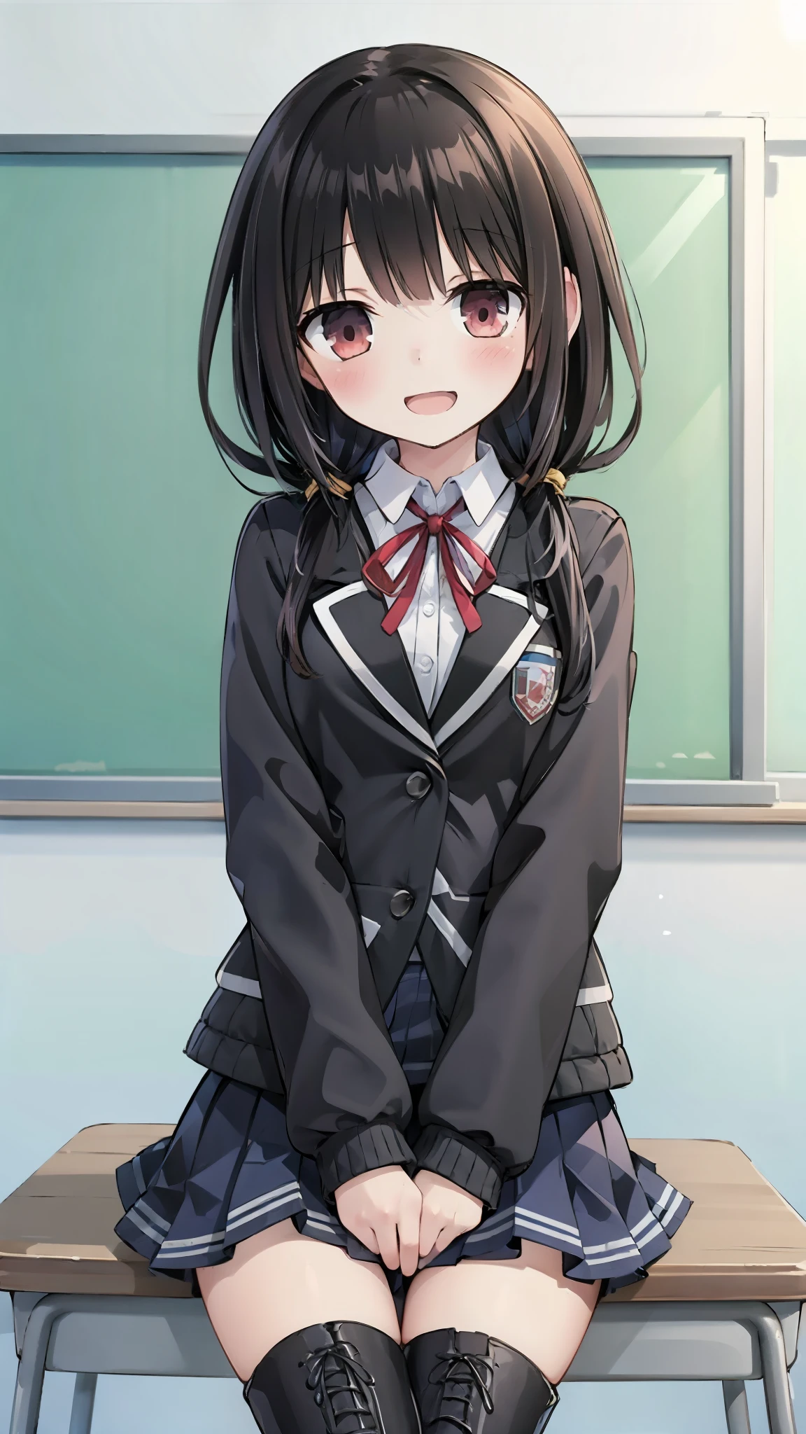 A girl，School Uniform JK，Blush Blush，Short skirt，Smile，open mouth，White，Classroom，Classroom desks，black leather boots