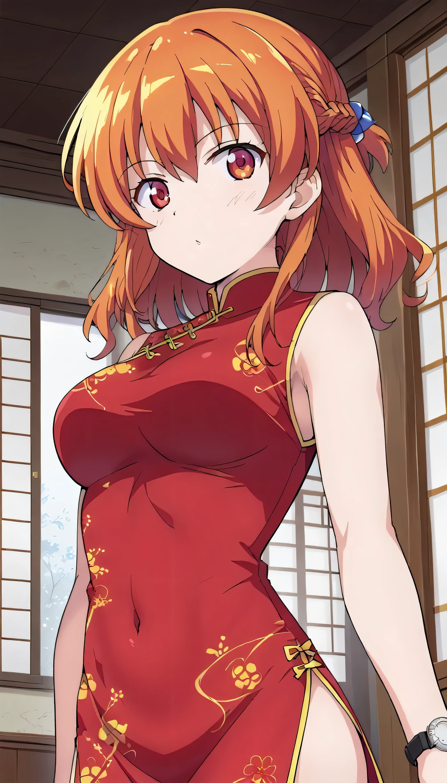 Watch Viewer, Arima etc., Red dress, Redhead, Red eyes, (masterpiece: 1.2), High resolution, Highest quality, 8k, China dress