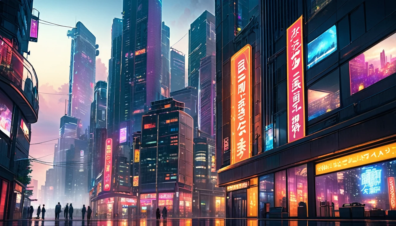 a city at night, tall skyscrapers,beautiful city skyline view from window,anime art style,(best quality,4k,8k,highres,masterpiece:1.2),ultra-detailed,(realistic,photorealistic,photo-realistic:1.37),intricate details,glowing city lights,warm colors,cinematic lighting,dramatic atmosphere,futuristic architecture,neon signs,reflections in windows,moody tones,vibrant colors,volumetric fog