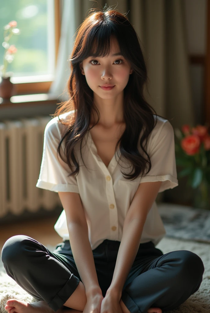 (((one person,alone))),(Very realistic photos, high resolution, detailed face, beautiful eyes) Japanese woman, 30 years old, Cute face, good physique, Hair style, Take a photo book,healthy body,thigh、Flip、Depth of writing region,trousers、Narrow eyes,Smiling softly、Boa Hancock Cosplay、backlight、Sitting cross-legged