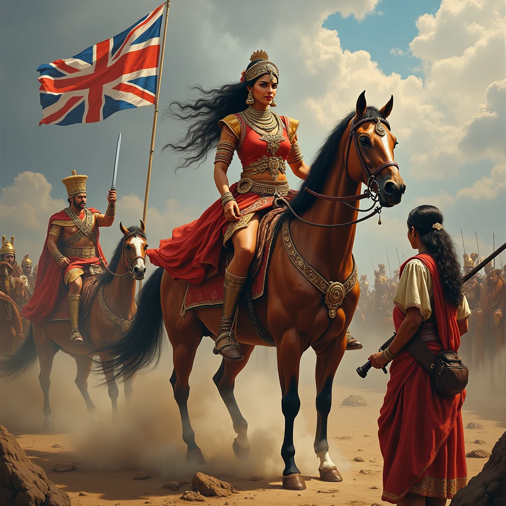 A South Indian queen, who is Hindu, is holding a sword in one hand and a horse in the other, with mountains and battlefields in the background and also the queen's maid. And queen one hand a katana , and background a indian flag fight , queen fight british king , british king was very dangerous his hand a rifle , British king fighting indian queen , india flag, british flag , queen india