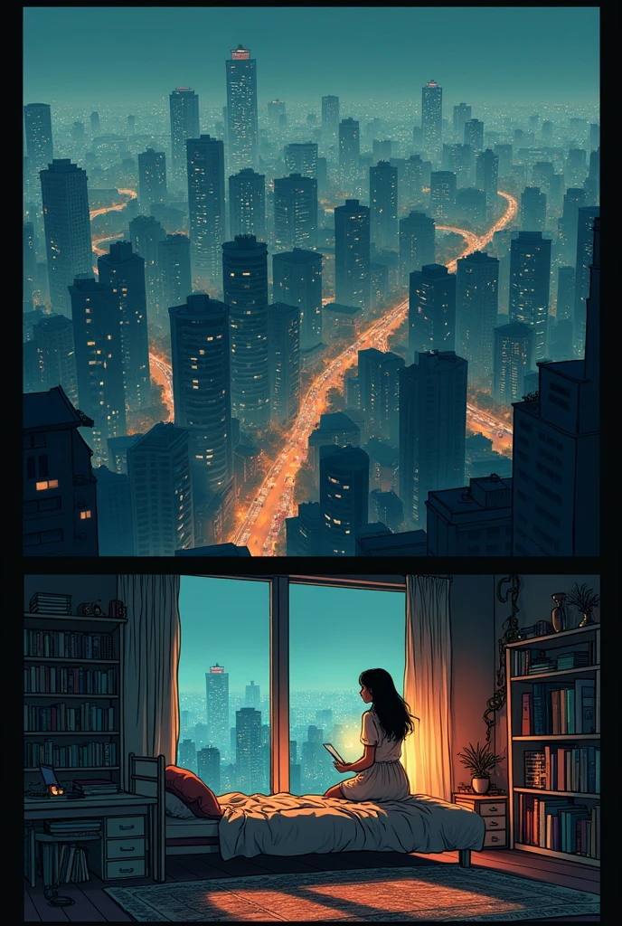 draw a comic about the story, Frame 1: A top-down view of Mumbai at night, a sprawling cityscape with a maze of lit-up buildings and streets, setting the scene of the bustling urban environment.

Frame 2: A closer shot of a small apartment complex, emphasizing the stark contrast between the vastness of the city and the intimate space of Rhea's home.

Frame 3: The window of Rhea's apartment, showing the reflection of her dimly lit room with a glimpse of the quiet street below.

Frame 4: Rhea's bedroom, cluttered with the trappings of a young woman's life - clothes, books, and a laptop on a desk with the screen reflecting the