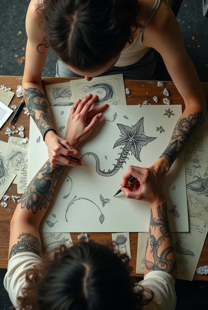 An image seen from above that only shows the arms of a woman writing on her arm with tattoos of marine animals and curly hair and a disorganized scribble-style desk  