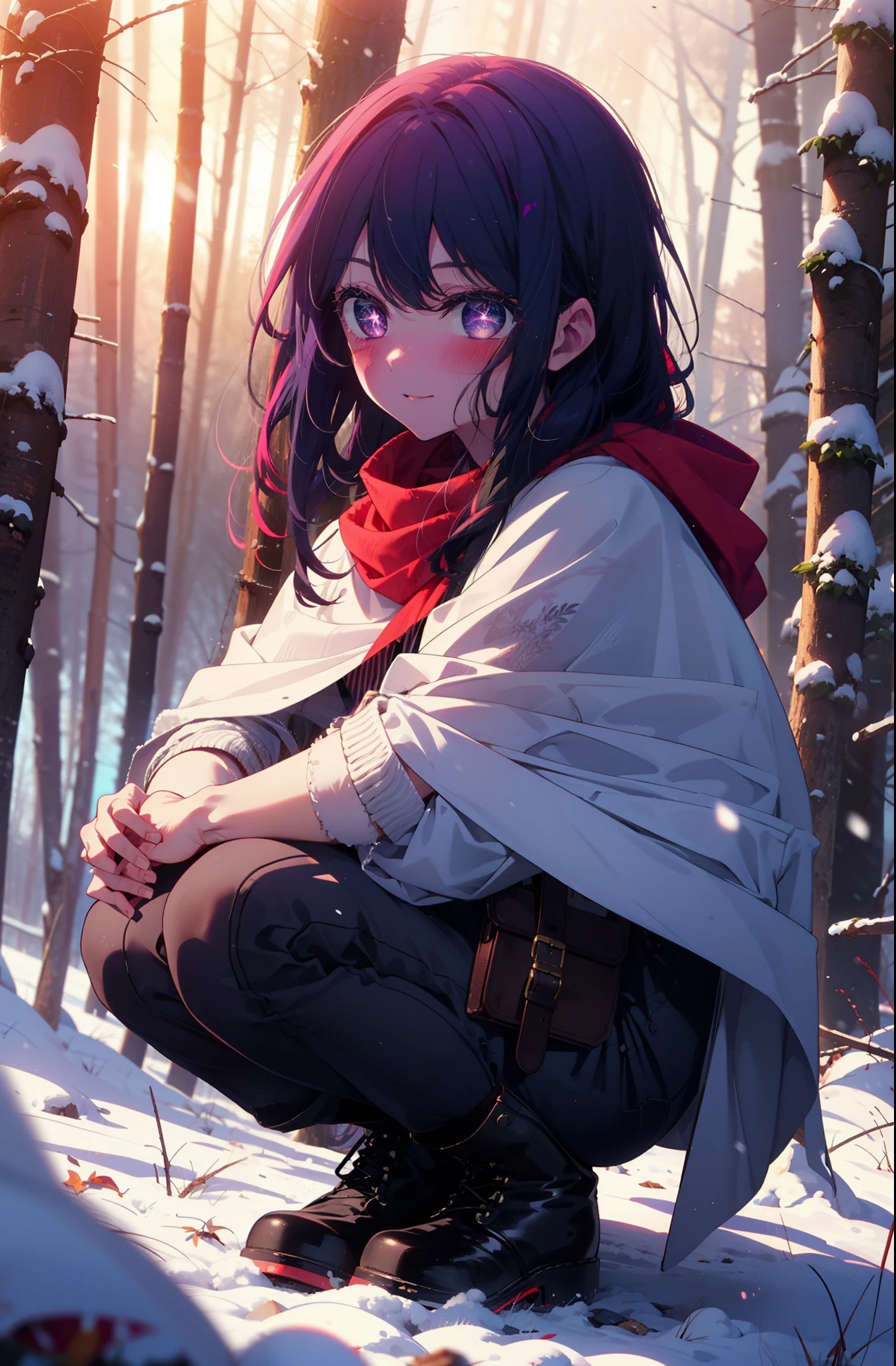 aihoshino, Ai Hoshino, Long Hair, bangs, (Purple eyes:1.1), Purple Hair, (Symbol-shaped pupil:1.5), smile,,smile,blush,white breath,
Open your mouth,snow,Ground bonfire, Outdoor, boots, snowing, From the side, wood, suitcase, Cape, Blurred, , forest, White handbag, nature,  Squat, Mouth closed, Cape, winter, Written boundary depth, Black shoes, red Cape break looking at viewer, Upper Body, whole body, break Outdoor, forest, nature, break (masterpiece:1.2), Highest quality, High resolution, unity 8k wallpaper, (shape:0.8), (Beautiful and beautiful eyes:1.6), Highly detailed face, Perfect lighting, Highly detailed CG, (Perfect hands, Perfect Anatomy),