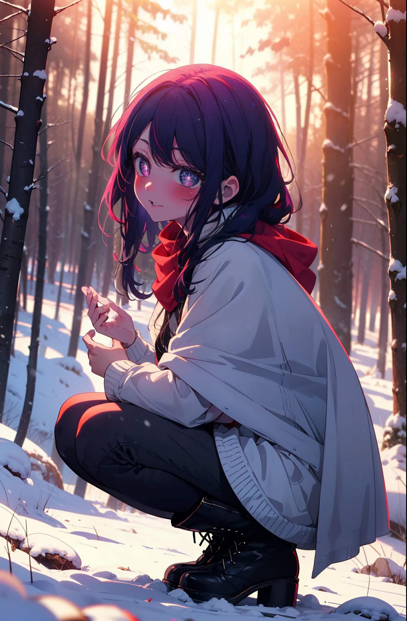 aihoshino, Ai Hoshino, Long Hair, bangs, (Purple eyes:1.1), Purple Hair, (Symbol-shaped pupil:1.5), smile,,smile,blush,white breath,
Open your mouth,snow,Ground bonfire, Outdoor, boots, snowing, From the side, wood, suitcase, Cape, Blurred, , forest, White handbag, nature, Squat, Mouth closed, Cape, winter, Written boundary depth, Black shoes, red Cape break looking at viewer, Upper Body, whole body, break Outdoor, forest, nature, break (masterpiece:1.2), Highest quality, High resolution, unity 8k wallpaper, (shape:0.8), (Beautiful and beautiful eyes:1.6), Highly detailed face, Perfect lighting, Highly detailed CG, (Perfect hands, Perfect Anatomy),