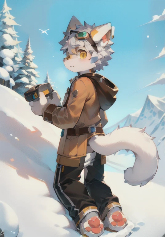 Snow mountain background，brown down jacket，White male cat，boy，cute，Q version，Goggles，Big furry tail，Hairy pads，Mountaineering，Golden Eyes，Silver hair，Detailed background