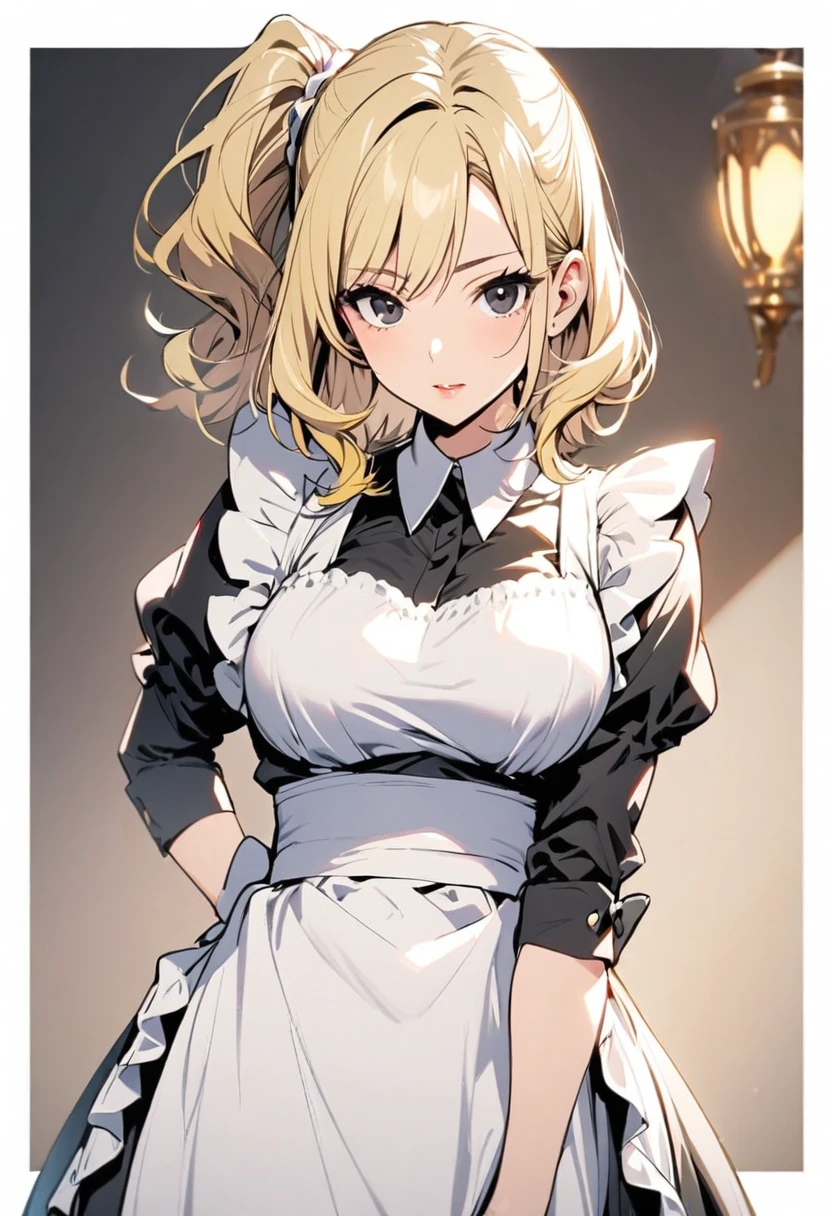 Solo, 1girl, medium hair, blond hair, black eyes, mature, side ponytail, maid, beautiful color