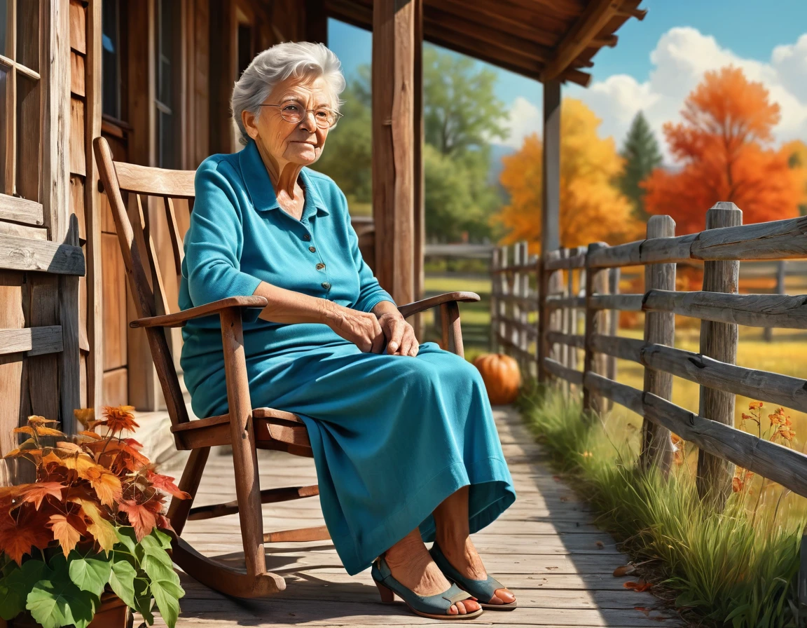 An elderly woman sitting in a chair on the porch of a wooden ranch, a small robin perched near on a fence, depicted in 8k high-resolution detail and vibrant colors, with high saturation and contrast. This hyper-realistic digital art is a gorgeous and exquisite illustration, rendered in a tasteful and lovely realistic painting style, in perfect composition, displaying a stunning and gorgeous digital painting of an autumn landscape outside with a perfect and detailed art style.
