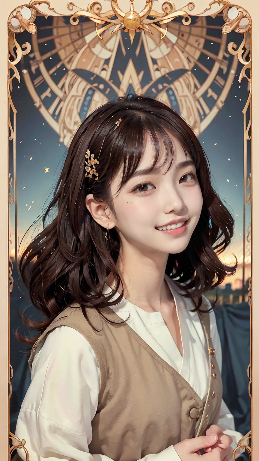 Realistic、masterpiece、Highest quality、Highest quality、Tarot Card Style、Rice harvesting in the countryside、One Woman、A farmer is wiping sweat from his brow、Upper body photo、Peasant attire in medieval Europe、(Brown Hair、Wavy Hair, Long Hair:1.2)、Cute Makeup、Draw lots of eyelashes、Deep orange blush、profile、Grin, Showing teeth、Upward glance
