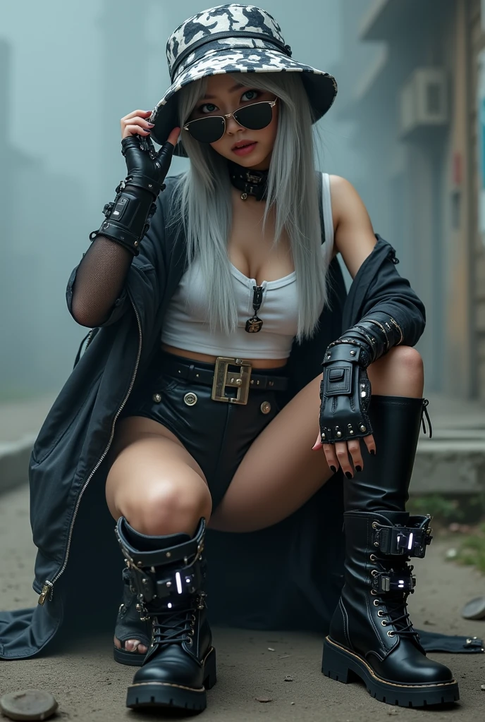 (nsfw), masterpiece, Best Quality, Realistic, Create an image of a beautiful young Japanese woman embodying futuristic fashion art. The scene should have the highest quality and realism, featuring an Instagram model named April. She should be shown in a full-body, wide-angle shot, sitting confidently with a full body in the frame. She has an ultra-slim waist, medium firm breasts, a medium-sized buttocks, and beautiful sexy legs, showcasing sculptural beauty. Her skin is white and silky, with a thin neck and small head. April is dressed in a striking white and black military print bodysuit paired with a sleek black leather belt with a futuristic metallic buckle and low-rise black leather shorts with zipper accents. She wears a sheer black mesh bomber jacket adorned with white and black military patches, and chunky black combat boots with silver hardware. Her look is fierce and bold, complemented by black fingerless gloves with white LED lights and high-tech accessories. She also sports a white and black camouflage print bucket hat and oversized black sunglasses with reflective lenses, adding an edgy attitude. Her outfit is completed with a white and black military print backpack with multiple compartments, merging functionality with style. Her hair is styled in a sleek high ponytail with black and white ribbon accents, reflecting a futuristic hairstyle. April walks with a confident stride, exuding a hint of rebellion, embodying the essence of future street-chic fashion. She stands in a setting of concrete, fog, and mist, surrounded by realistic black shadows. Her face is detailed, wide duck mouth, half open rips, perfect teeth, gray hair, and shiny blue eyes, looking directly at the viewer.