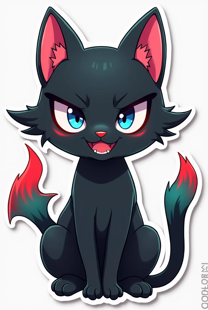 Devil Hot Black cat with bluered eyes and crimson red and green tail and pink ear cartoon with human emotions anime sticker