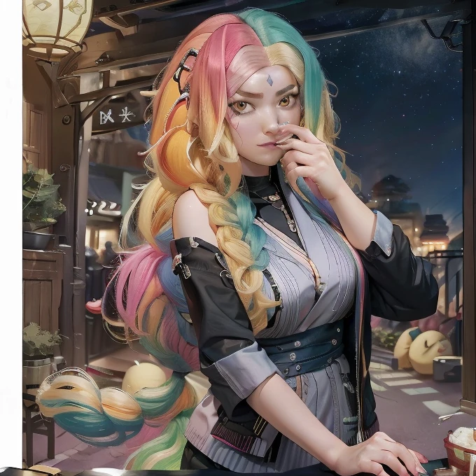 plastican00d, 1girls, Chibi T-Shi, Colored hair, Luxury fabrics, dithering, Ice cream texture,Profound, looks at the viewer, Striped backgrounda close up of a person with colorful hair and a Rainbow Colors wig, rainbow hair overlay, Rainbow Colors hair, rainbow hair, Rainbow Colors, colorful hair, Colorful long hair, Kawaii Decoration RainbowCore, colorful braids, Hair coloring, colorful hair, Harajuku hair, cute colorful cute, half & half hair dye, Two-color Hair coloring agent bang dream 4th live, liveQR diagram, hololive, Anime cover, Detailed image, official artwork, game cover, Very detailed BD cover, live concert, Night Core, by Sengai, live, vivid), 2 days, QR diagram, singing, Sleeves, l7m, The album cover!, Use your index finger, visual novel cg, Lingchang