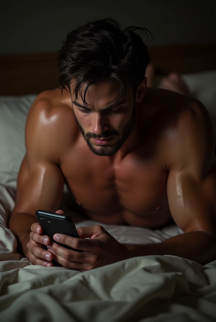 Sexy muscled man masturbating in his bed with the phone in his hand