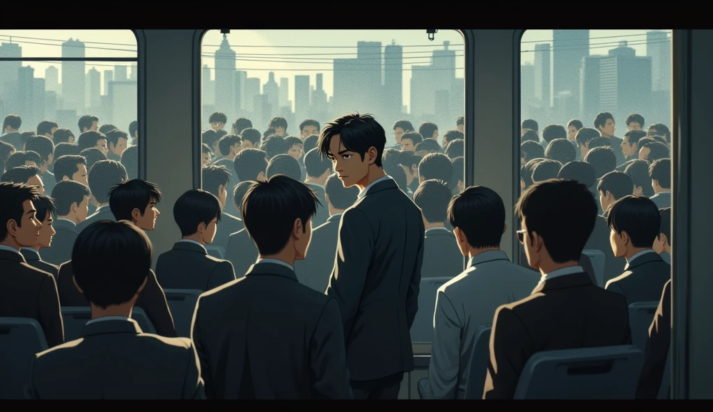 A young Japanese salaryman standing in a crowded train. The scene is realistic, capturing the morning rush hour. The salaryman, dressed in a suit, is surrounded by people packed tightly in the small space. Outside the train window, an urban landscape is visible, reflecting the sense of congestion and crowding