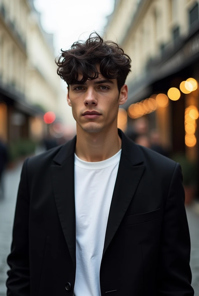 A young man with dark hair. He is dressed in a black blazer over e white t-shirt. The man standing with a calm and resigned expression.The setting includes a street in Paris, enhancing the elegant and dynamic atmosphere.In background a delicate balance of light and shadow creates an enchanting atmosophere.The model poses confidently, captured on film with sharp focus. he posing for Linkedin profile