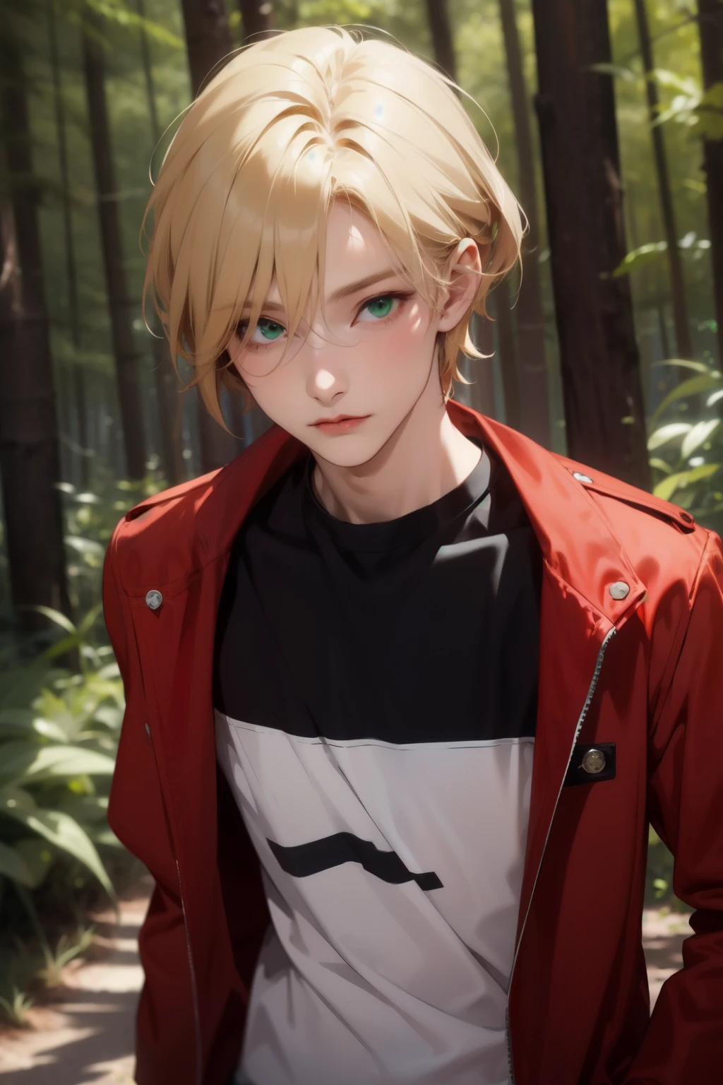 1boy, solo,, male focus, michael_synduality_noir, blonde hair, green eyes, , plain black t-shirt,,red jacket,, alternate history,Walking in the forest,close up photo,Forward hair style, hair covers eyes