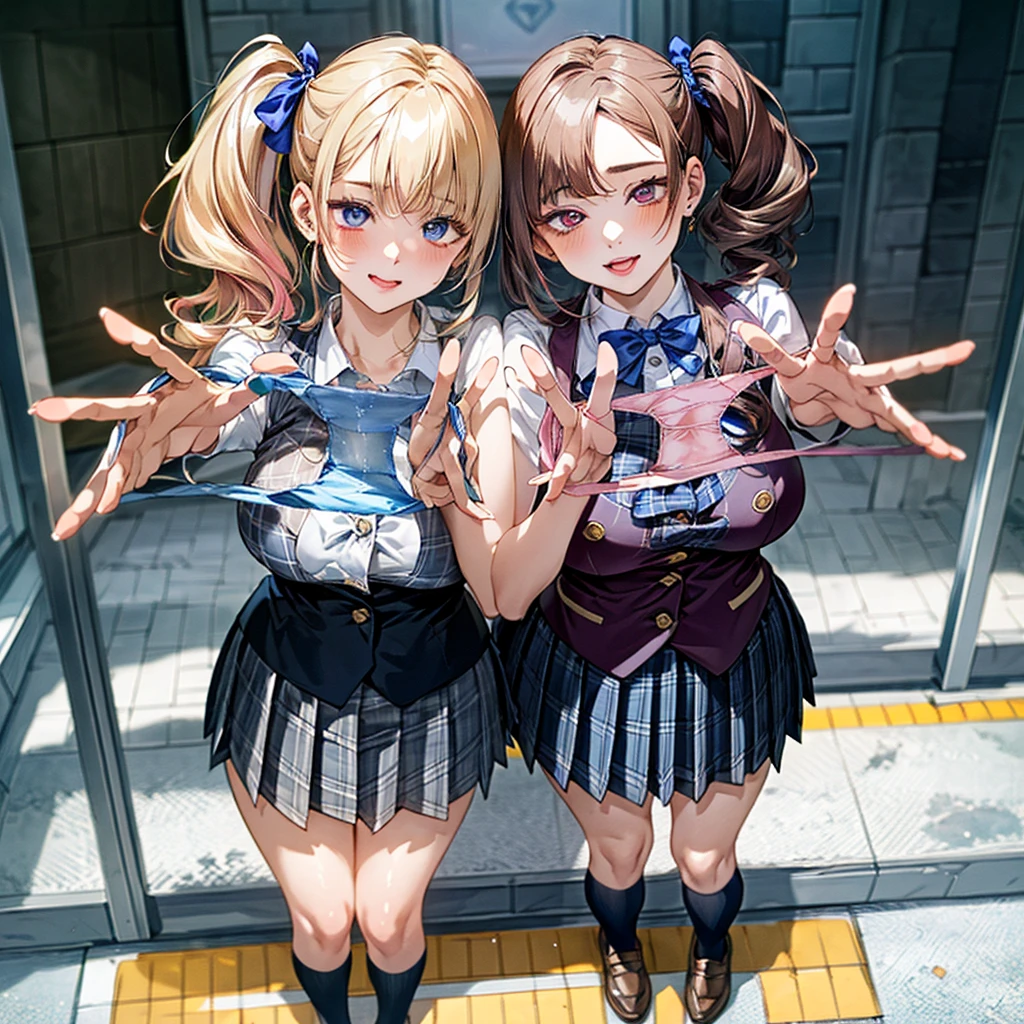 (masterpiece:1.3, top-quality, ultra high res, ultra detailed), (realistic, photorealistic:1.4), beautiful illustration, perfect lighting, natural lighting, colorful, depth of fields, Surrealism,
beautiful detailed hair, beautiful detailed face, beautiful detailed eyes, beautiful clavicle, beautiful body, beautiful chest, beautiful thigh, beautiful legs, beautiful fingers, shiny skin, babyface,
looking at viewer, 1 girl, japanese, high school girl, (perfect anatomy, anatomically correct, super detailed skin), cute and symmetrical face, perfect face, perfect eyes, perfect fingers,
(long hair, side ponytail, ash blonde hair), asymmetrical bangs, Blue eyes, big eyes, long eyelashes, (large breasts:1.2, seductive thighs), Slender, outstanding style,
((detailed cloth texture, BREAK,BREAK, white collared shirt, BREAK,BREAK, navy blue suit vest, BREAK,BREAK, blue plaid pleated skirt, BREAK,BREAK, purple blue bow tie), socks, black loafer),
(beautiful scenery), (train station), (standing, leaning forward), (heart shaped pupils, :3, aroused, ahegao, orgasm, in heat, naughty face, seductive smile, open mouth small),
focus on panties, prensenting panties, (pink panty:1.2), (pee stain panty:1.5), (yellow stain panties:1.2), holding, (holding panties), ((five fingers)), no panties, Plump Mature Woman、BBW
