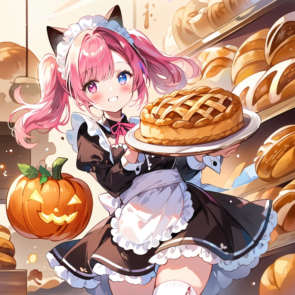 ((best quality, high resolution)), (delicate illustration), (vividcolor style illustration:0.9), (watercolor style illustration:0.4), ((beautiful:1.3)), 4k, (((1 beautiful woman))), (blush), ((Black maid outfit, white knee-high socks, )), one girl has pink high-twintails, cat ears, heterochromatic eyes, with her right eye being a vivid pink and her left eye a bright blue, (((Stylish coffee and bakery:1.3))), ((glance upward at viewer)), Smiling and holding a pumpkin pie in both hands, cowboy shot