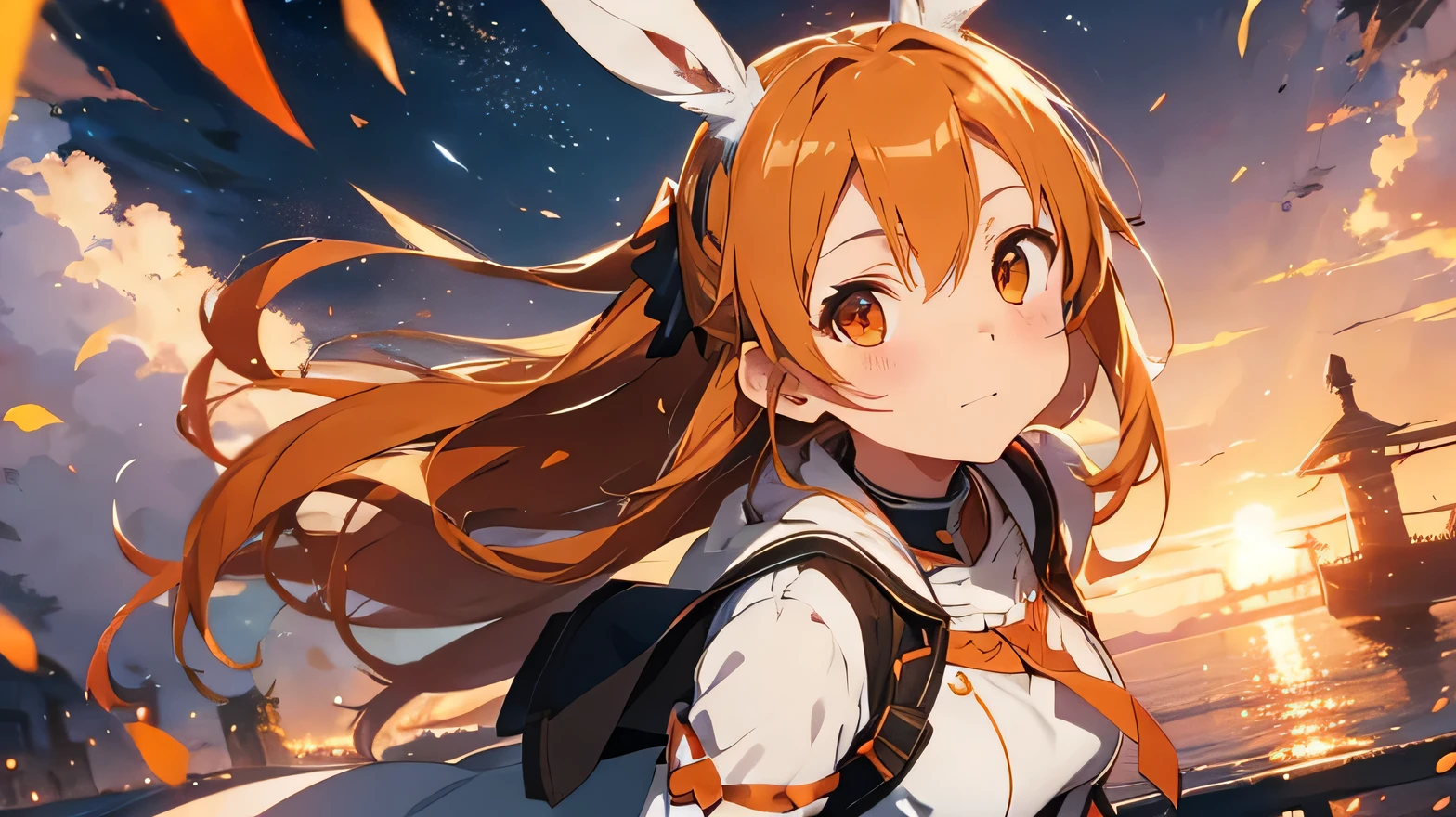 Highest quality, cute, Fluffy white bunny ears,Orange Hair,Brown eyes,Sword Art Online Asuna's outfit