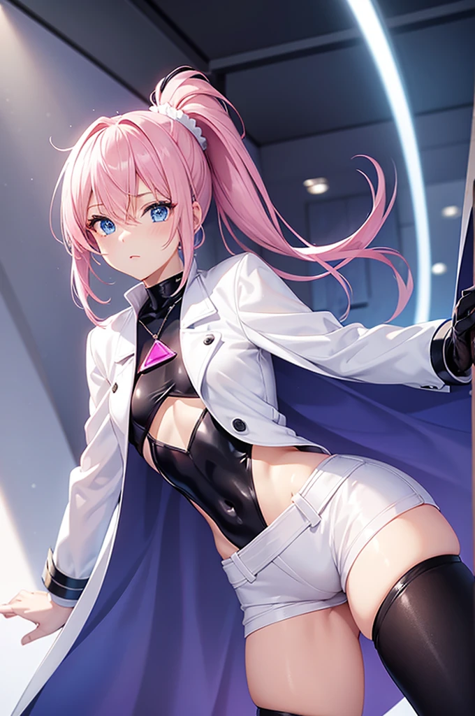 Beautiful woman, (Pink Ponytail),Sapphire-like blue eyes,black tight hot pants,Exposing the abdomen, Medium chest, White long coat, Chic small room, Cool Beauty