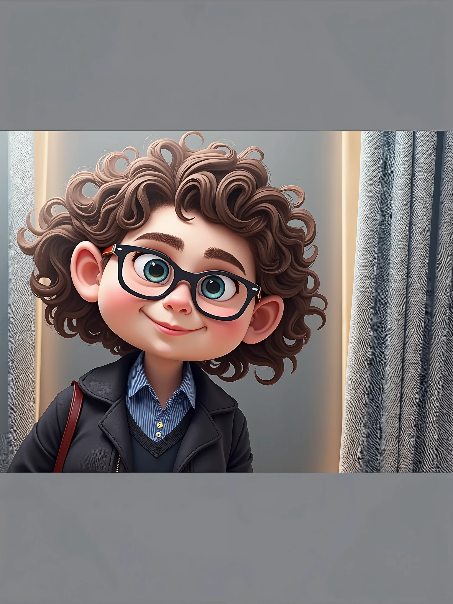 Create as the character short curly hair, curtain, glasses, being a teacher