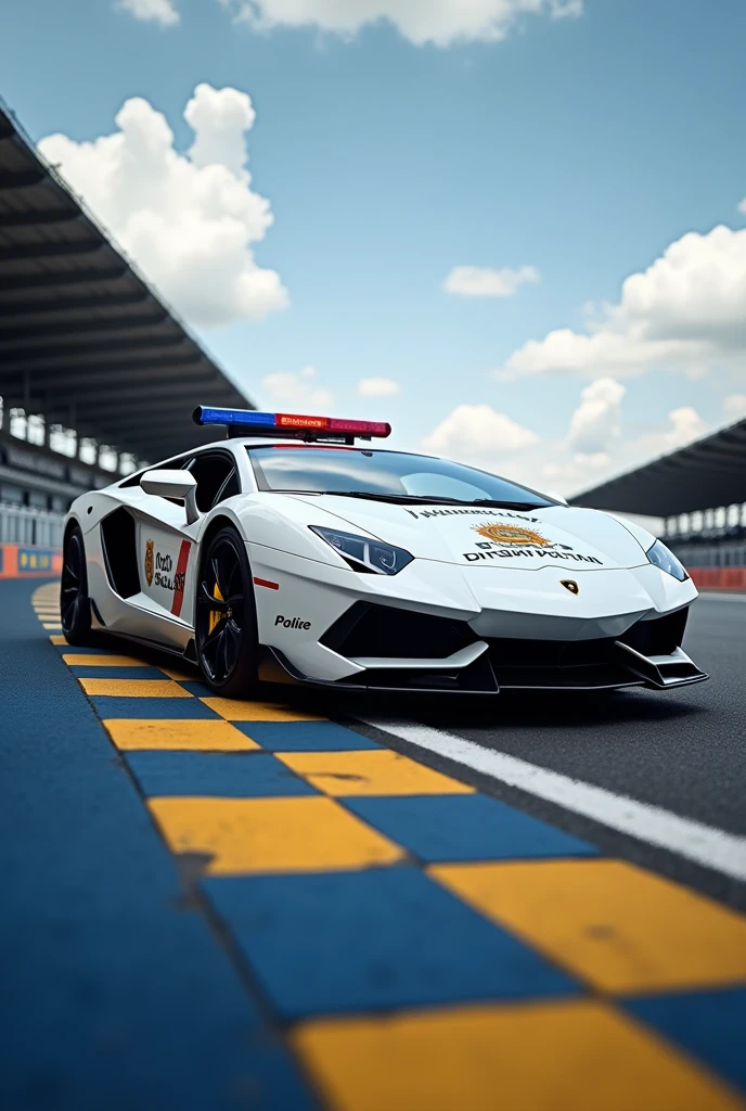 Lamborghini white car, police siren. Chequered Flag blue yellow stripeon the lower door." Police Diraja Malaysia "stripe on the car.