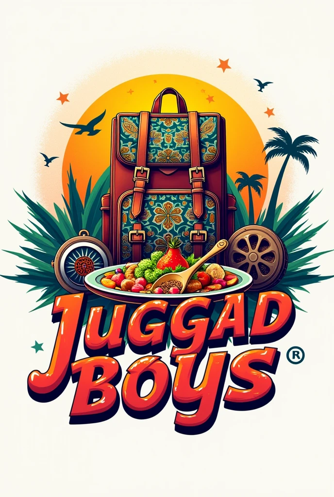 "Design a vibrant logo for 'Juggad Boys' that reflects the essence of Indian culture, combining elements of travel, food, and entertainment. Incorporate bold, traditional Indian colors and patterns, with playful typography that captures the spirit of adventure. Include symbols like a backpack or suitcase for travel, a plate of food or spices for culinary exploration, and a film reel or entertainment. The overall design should be dynamic and lively, representing a journey full of discovery and joy and for content creation."