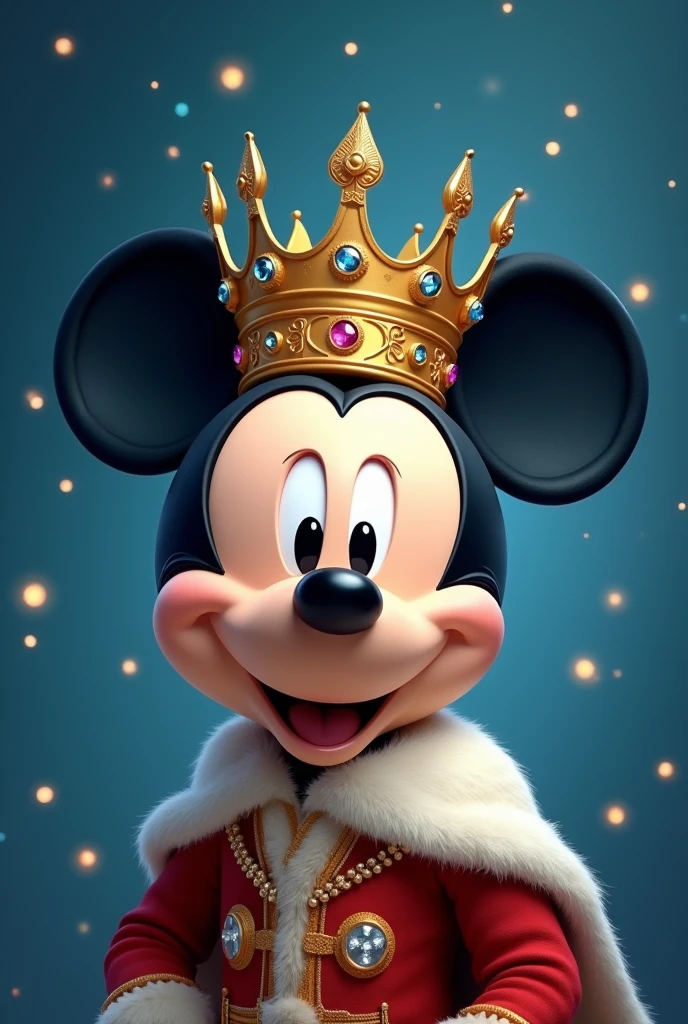 Mickey with a king&#39;s crown on his head, with a blue background with small pearls 