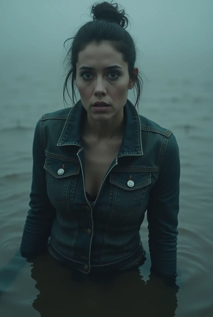 woman, in tight dark denim jacket,drowning in bog, loose bun, fog, close-up, gloomy ecstasy, jeans