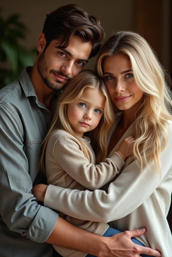  blonde  blue eyes hugging her father dark brown hair and brown eyes and her mother blonde green eyes long hair in london 8k ultra realistic photorealistic 