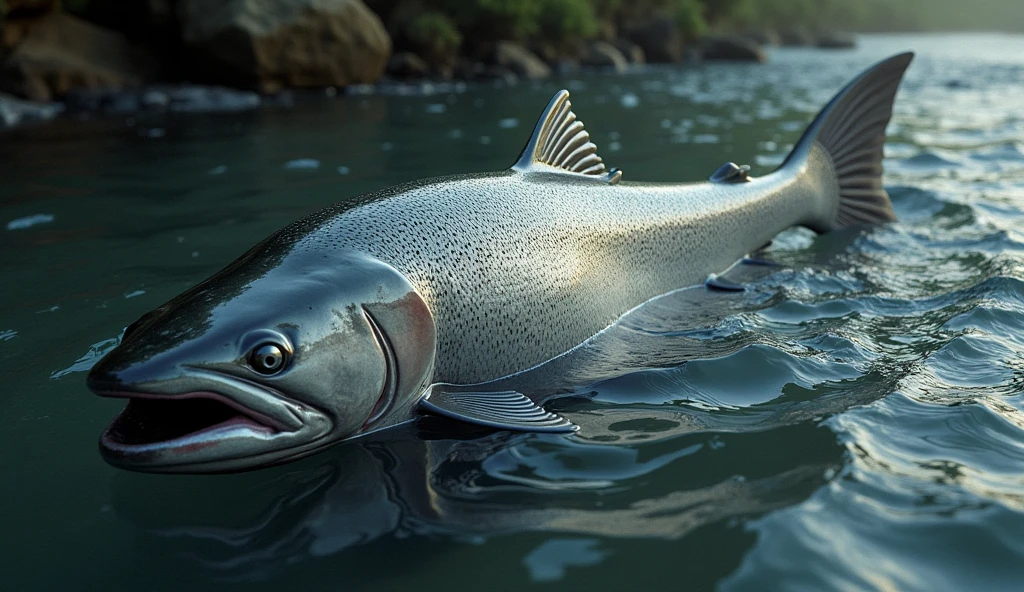 There is a shadow、Fish salmon、Fish salmonの体は灰色、The fish has small black spots on its body.、とても大きなFish salmonが川に対して直角に寝そべっている、川からFish salmonがはみ出ている