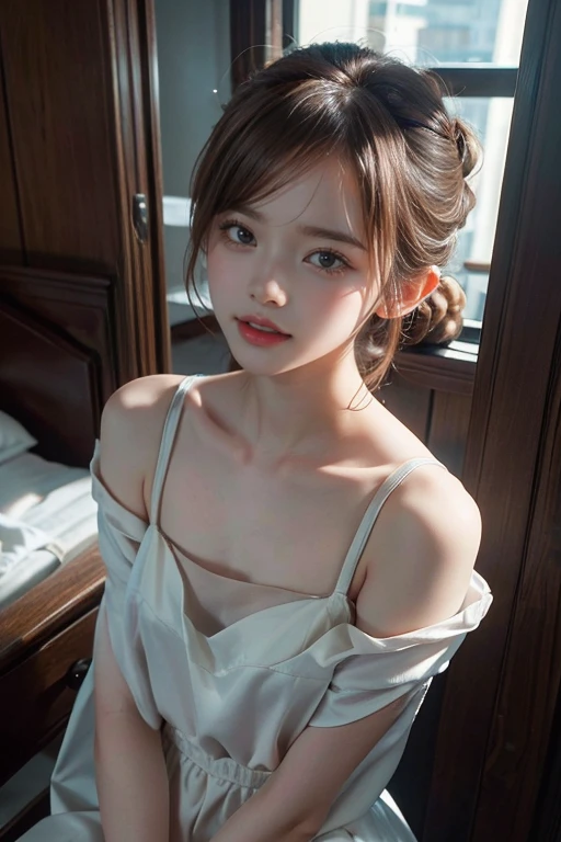(1 slim 3yo Emma Watson,small breasts,feminine,symmetry eyes),BREAK,(Want me in bed,to kiss,fun,happiness,She likes me),(opened mouth:1.4),8k,Realistic photo style,Photorealism, Realistic, surreal,Best image quality, High resolution, Highest quality,cinematic, Intricate details,Ultra-fine detail, True light and shadow,Shots from the film, Professional Color Grading,Sharp focus, Film Grain,High Dynamic Range, charm, The most detailed skin texture